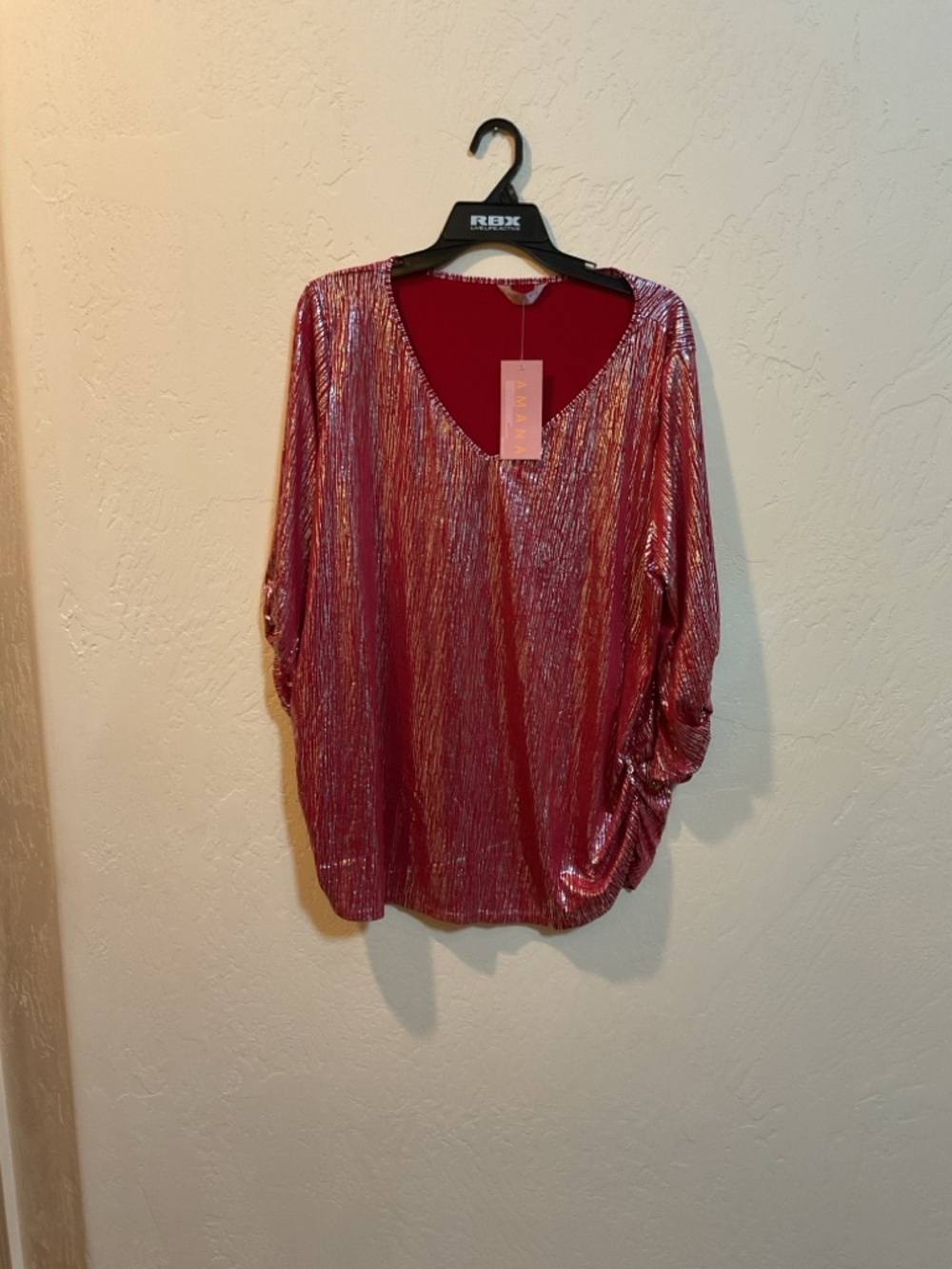 Shimmery V-Neck Women's Top in Metallic red 3X by Amana